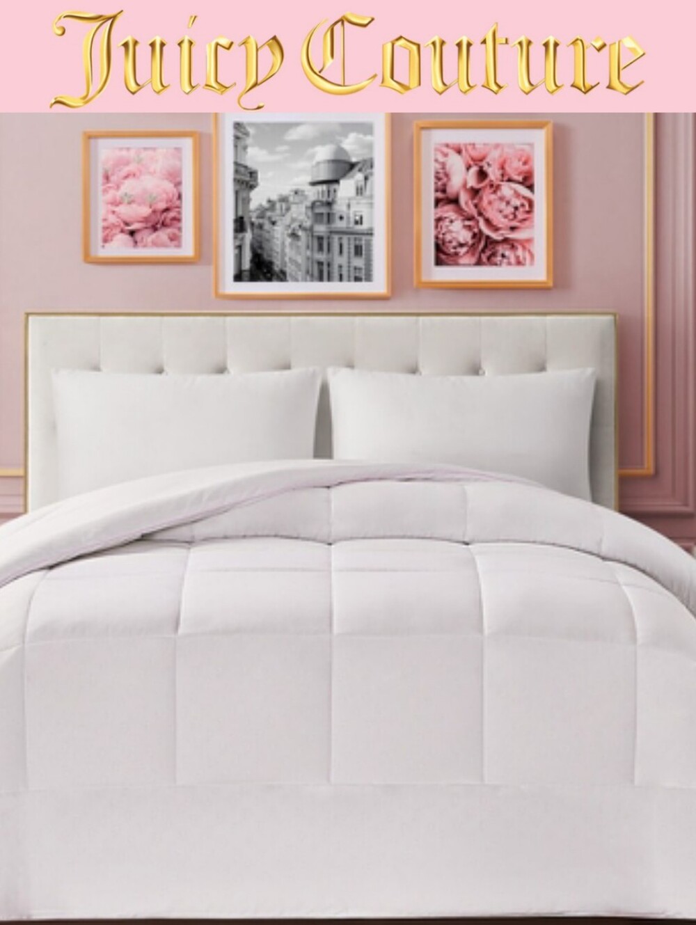 Juicy Couture Home Embossed Down Alternative Queen Comforter- White